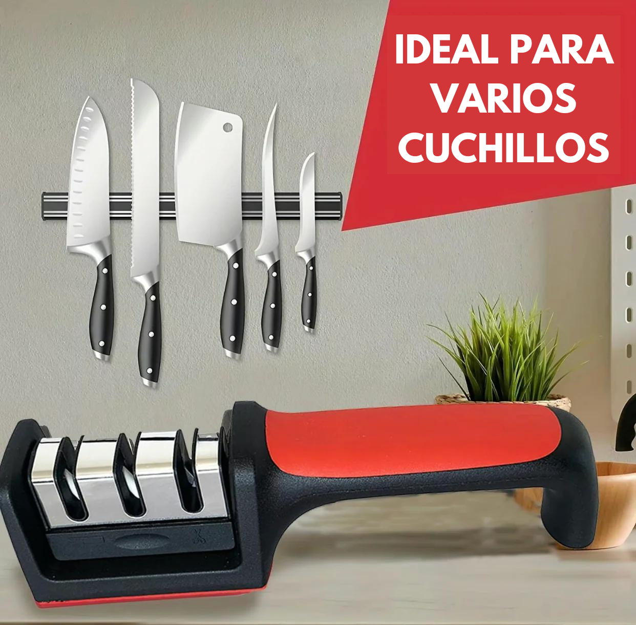 Afilador Profesional con Mango Ergonómico de Uso Manual para Afilar y Pulir Cuchillos. Rodillos Cerámicos y de Carbono.